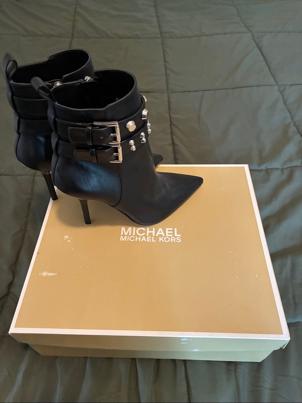 MICHAEL Michael Kors Black Leather Pointed Toe Studded Ankle Boots